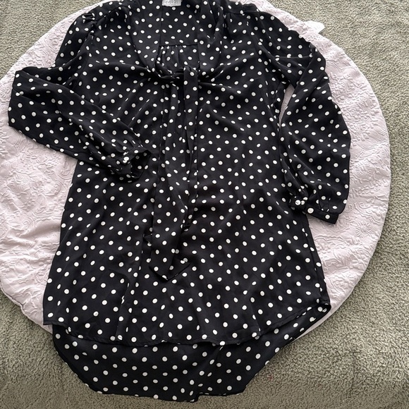 Forever 21 tie neck long sleeves tunic mini dress Black White Polka Dots Sz M - Picture 6 of 8